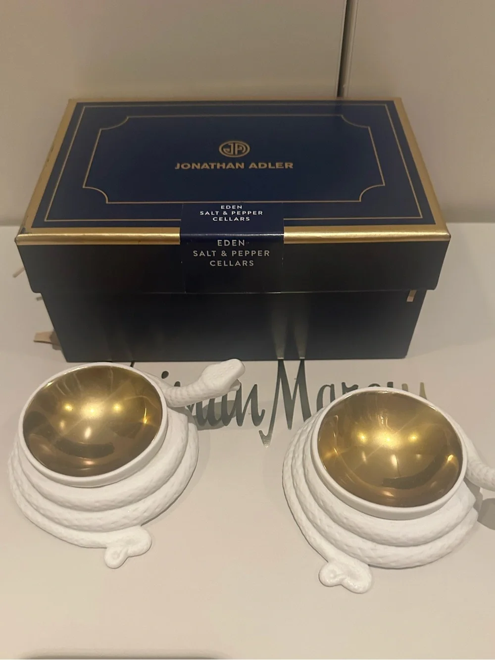 Jonathan Adler White Ceramic Snake Salt & Pepper Cellars with Gold-Tone Bowls